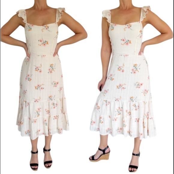 Lily Rose Dresses & Skirts - Lily Rose ivory pink floral ruffle cap spaghetti strap sweetheart midi dress XL